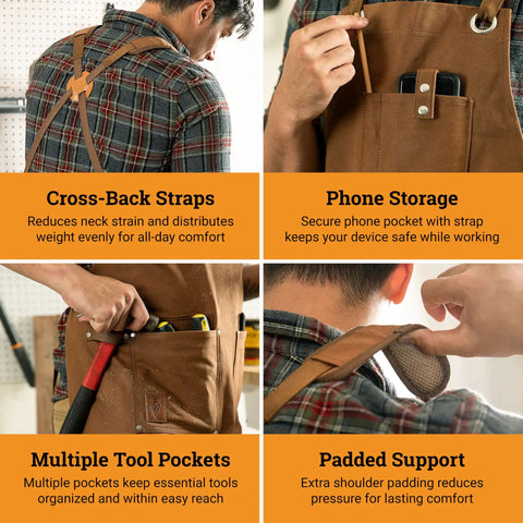 Waxed Canvas Work Apron For Men With Pockets, Heavy Duty Carpenter And Grilling Apron detailing cross-back straps and tool pockets