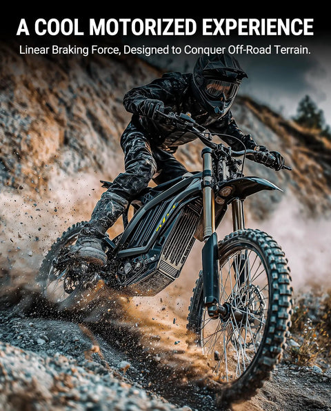 Rider on off-road bike with Beefy 220mm Front Disc Brake Rotor With 6-Hole Mount 2.3mm Thick Stainless Steel And Aircraft Aluminum Core.