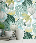 Teal And Yellow Retro Tropical Leaves Peel And Stick Wallpaper Roll For Accent Walls Dope Vibe 20.5 Inch Wide By 16.5 Feet Long