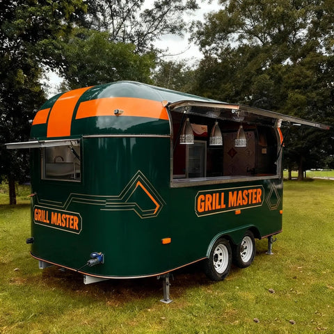 Turnkey Mobile Food Truck And Portable Snack Cart Commercial Kitchen Setup Coffee Bar Or Burger Grill Hustle Custom Built Rolling Rig in green with Grill Master branding