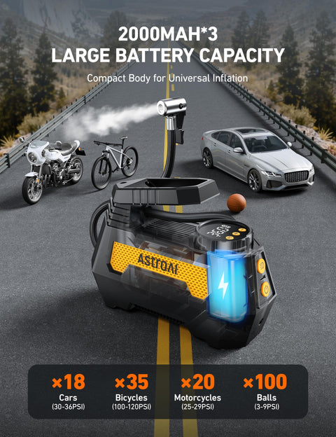 H2 Pro Cordless Tire Inflator Portable Air Compressor with dual power, yellow, inflating car and motorcycle on road.