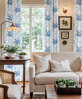 Living room with Blue Floral 100 Percent Blackout Curtains 2 Panels With Grommet Top 84 Inches Long Thermal Window Treatments Rose Pattern.