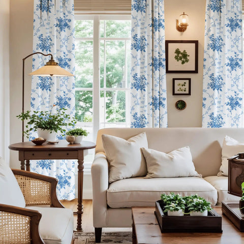 Living room with Blue Floral 100 Percent Blackout Curtains 2 Panels With Grommet Top 84 Inches Long Thermal Window Treatments Rose Pattern.