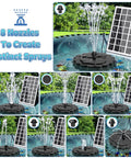 3.5W Solar Fountain Pump Kit with all glass panel, 4 anti drift rods, 9.8ft cable, 8 nozzles spraying water in a garden pool.