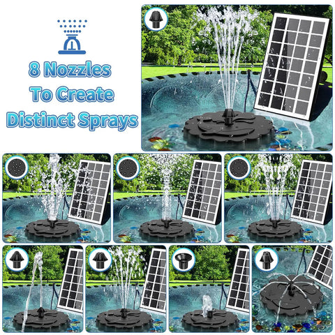 3.5W Solar Fountain Pump Kit with all glass panel, 4 anti drift rods, 9.8ft cable, 8 nozzles spraying water in a garden pool.