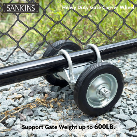 Beefed Up Heavy Duty Gate Wheel Carrier with 6 inch wheel on chain link fence, supports 600 lb, prevents gate dragging