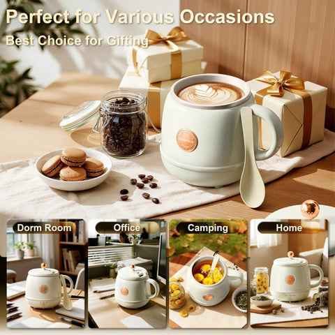 14 Oz Travel Electric Kettle With Rapid Heating To 212 Degrees Fahrenheit Temperature Control Mug Warmer, shown with coffee.