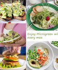 Diverse dishes topped with fresh microgreens, showcasing their use in meals. Text overlay reads 'Enjoy Microgreen with every meal.'