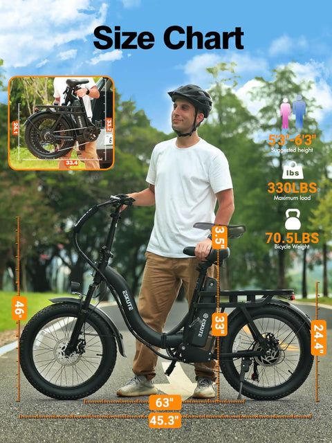 Beast 1200W Folding Fat Tire Ebike With 48V 13Ah Battery, NFC Unlock, Step-Through Cargo Frame, 20x3 Fat Tires, Up To 55 Miles, Speeds Over 20 MPH, 7-Speed Gearing, Black size chart with rider