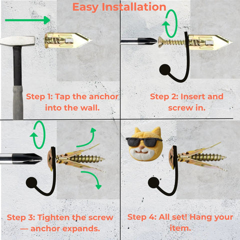 Step-by-step guide for 120 Piece Self Drilling Drywall Anchors And Screws Kit With Hooks installation on plasterboard wall.