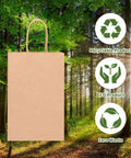 Bulk 150 Pack Brown Kraft Paper Gift Bags With Handles 5.25 x 3.2 x 8 Inches, eco-friendly with recyclable symbols in forest.