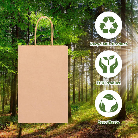 Bulk 150 Pack Brown Kraft Paper Gift Bags With Handles 5.25 x 3.2 x 8 Inches, eco-friendly with recyclable symbols in forest.