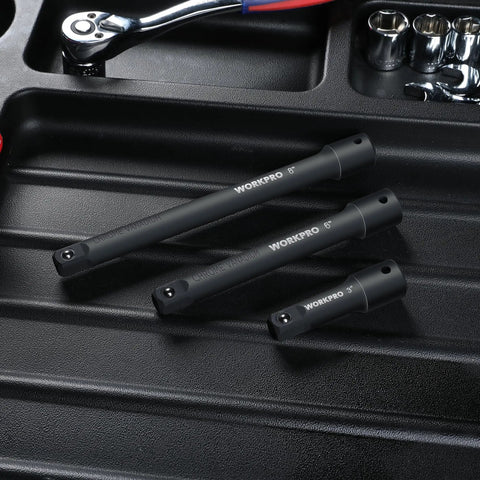 Half Inch Drive Impact Extension Bar Set, 3-Piece Socket Extensions In 3, 6, And 8 Inches, displayed on a black surface.