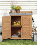 All In One Outdoor Potting Bench With Storage Cabinet And Metal Work Surface For Garden And Patio, open cedar wood cabinet with tools