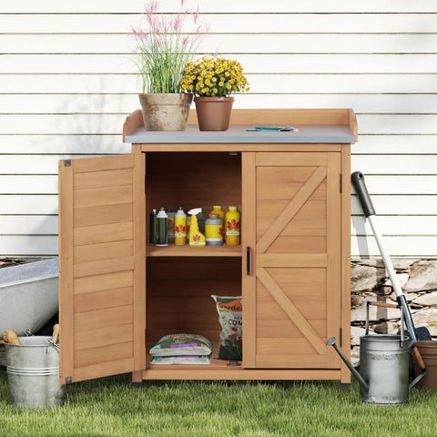 All In One Outdoor Potting Bench With Storage Cabinet And Metal Work Surface For Garden And Patio, open cedar wood cabinet with tools