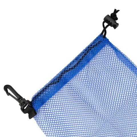 Blue Open Weave Mesh Bag For Dive Gear And More, 8 By 10 Inches, Quick Dry Storage With Cord Lock And Clip, Perfect For Masks, Fins, And Accessories
