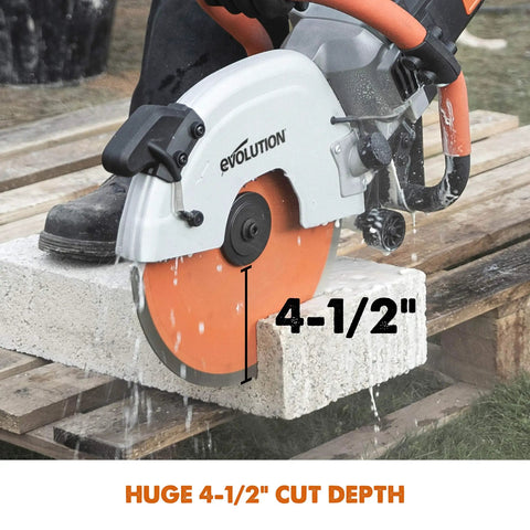 Close-up of R12DCT 12 Inch Concrete Saw With Water Fed Dust Suppression cutting masonry with 4-1/2 inch depth indication.