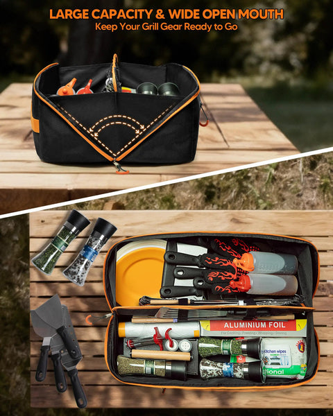 22 Inch Grill Tool Storage Bag With Dual Inner Compartments, open view displaying organized grill utensils and tools