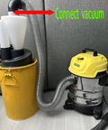 Turbocharged Dual Filtration Cyclone Dust Collector For Woodworking With Two Point Five Inch Hose connected to vacuum
