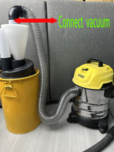 Turbocharged Dual Filtration Cyclone Dust Collector For Woodworking With Two Point Five Inch Hose connected to vacuum