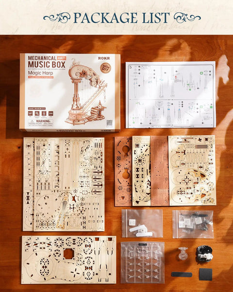 3D Wooden Puzzle Harp Music Box With Mechanical Movement Building Kit Dope Gears That Pluck Strings To Play Ave Maria box and parts layout