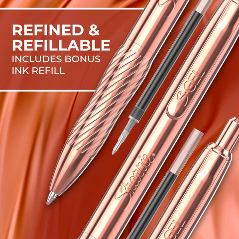 Gel Pen With Copper Metal Body Slick 0.7mm Point Black Ink Fast Dry No Smear Technology For Clean Smooth Writing Includes One Pen And An Extra Ink Refill Great For Notes Journals Planning And Everyday Office Use.