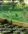 Heavy Duty 3x50 Ft Temporary Fence Kit For Backyard Pets And Poultry With 9 Fiberglass Posts installed around a garden.