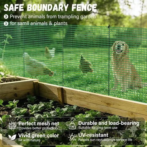 Heavy Duty 3x50 Ft Temporary Fence Kit For Backyard Pets And Poultry With 9 Fiberglass Posts installed around a garden.