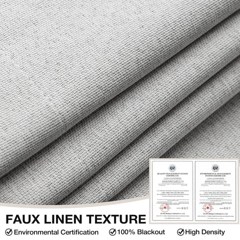 Close-up of Totally Night Ready 100 Percent Blackout Curtains For Bedroom, Thermal Insulated, soft greyish white linen texture.