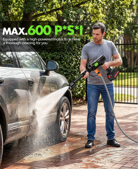 Man using Cordless Car Washing Tool With 6 In 1 Nozzle And Foam Cannon, Battery Operated Handheld Cleaner For Cars