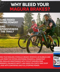 Cyclists on trail with 2 Pack 60ml Mineral Oil For Magura Brakes The Real Deal Brake Fluid For Magura Hydraulic Systems in foreground