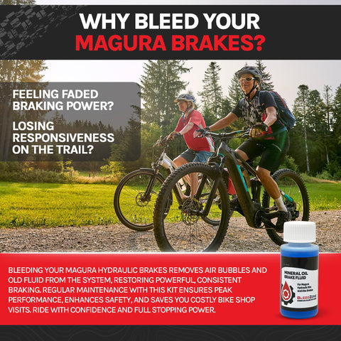Cyclists on trail with 2 Pack 60ml Mineral Oil For Magura Brakes The Real Deal Brake Fluid For Magura Hydraulic Systems in foreground