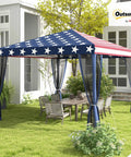 10x10 Pop Up Canopy Tent With Netting And Carry Bag Instant Gazebo Screen House For Backyard Patio And Camping Height Adjustable 100 Sq Ft Shade For Big Gatherings Blue And Red, set up in a garden.