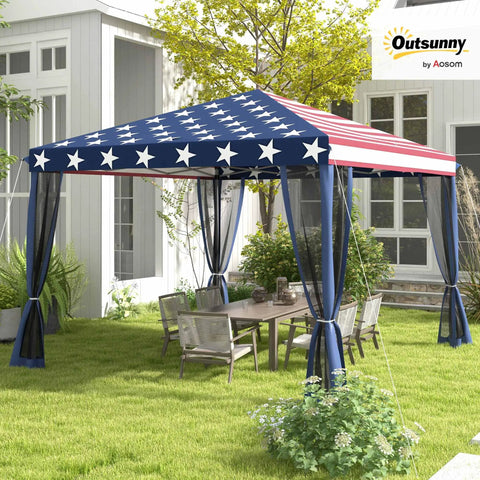 10x10 Pop Up Canopy Tent With Netting And Carry Bag Instant Gazebo Screen House For Backyard Patio And Camping Height Adjustable 100 Sq Ft Shade For Big Gatherings Blue And Red, set up in a garden.