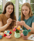 Two people crocheting mini plants from Beginner Crochet Plant Kit No Water Mini Succulent Garden With Five Amigurumi Plants DIY Crochet Starter Kit
