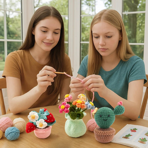Two people crocheting mini plants from Beginner Crochet Plant Kit No Water Mini Succulent Garden With Five Amigurumi Plants DIY Crochet Starter Kit