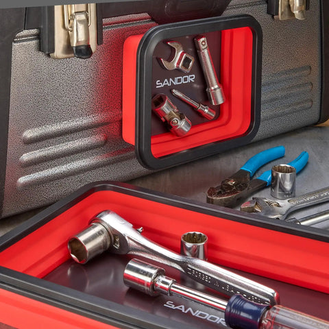 Three Size Collapsible Magnetic Parts Tray Set For Screws Bolts Nuts Washers Pins And Small Metal Parts, Non Marring Rubber Coated Magnets Protect Surfaces, Great Mechanic Gift For Men, Red