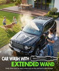 Man using Cordless Car Washing Tool With 6 In 1 Nozzle And Foam Cannon on SUV, kids and dog watching in backyard