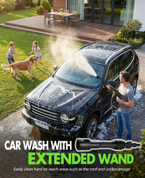 Man using Cordless Car Washing Tool With 6 In 1 Nozzle And Foam Cannon on SUV, kids and dog watching in backyard