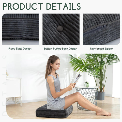 Woman sitting on Tufted Corduroy Recliner Seat Cushion For Seniors And Adults High Density Foam 20x20x4 Inches Get Up Easier Cushion