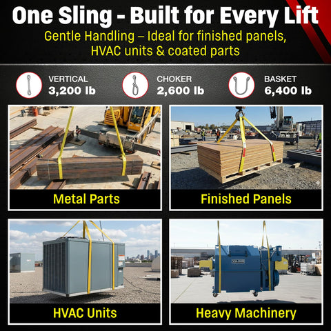 Heavy Duty Nylon Lifting Strap 1 Inch By 3 Foot USA Made 3200 Pound Vertical 2600 Pound Choker 6400 Pound Basket 2 Ply 900 Webbing Type 3 Eye To Eye Rigging Sling lifting metal parts, panels, HVAC units, and machinery.