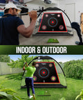 Indoor and outdoor setup of Full Swing Golf Practice Net 10x7 ft for backyards and indoor hitting with mat absorbs drivers and irons.