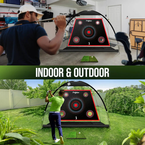 Indoor and outdoor setup of Full Swing Golf Practice Net 10x7 ft for backyards and indoor hitting with mat absorbs drivers and irons.