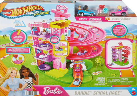 RacerVerse Barbie Spiral Track Set With Barbie Malibu And Barbie Brooklyn Cars, 5 Level Pink Raceway Playset For Kids box.