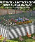 8x4x3 ft Tall Galvanized Raised Garden Bed With Self Watering System and Mesh Cover in backyard with flowers and animals