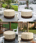 Round Fire Pit Cover Waterproof Built Tough All Weather Outdoor Heavy Duty Gas Fire Pit Table Cover With Air Vent And Handle 600D Oxford Fabric Protects From Sun Rain Snow Dust showing UV, snow, water, and wind protection