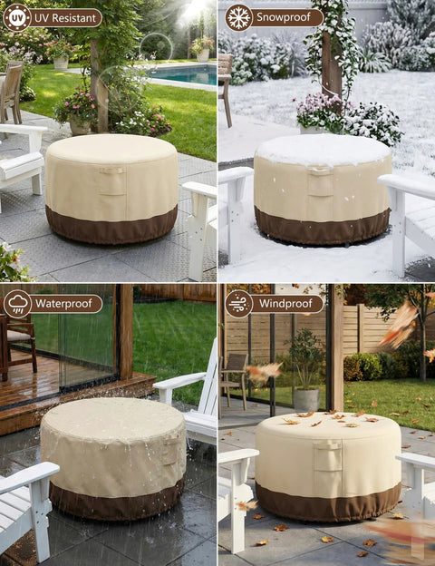 Round Fire Pit Cover Waterproof Built Tough All Weather Outdoor Heavy Duty Gas Fire Pit Table Cover With Air Vent And Handle 600D Oxford Fabric Protects From Sun Rain Snow Dust showing UV, snow, water, and wind protection