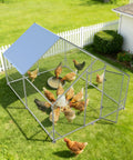 Spire Shaped Walk In Chicken Coop With Waterproof UV Cover, Heavy Duty Outdoor Metal Poultry Run For Backyard Farm in use.