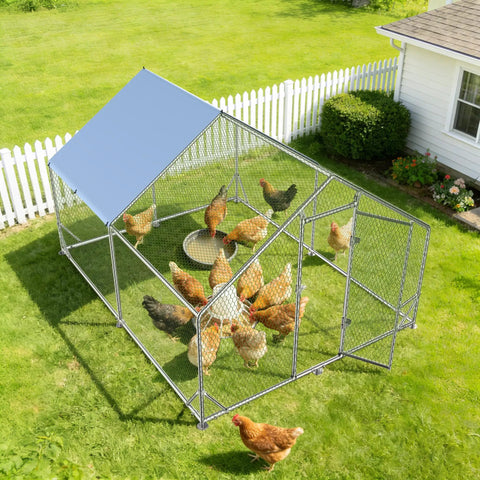 Spire Shaped Walk In Chicken Coop With Waterproof UV Cover, Heavy Duty Outdoor Metal Poultry Run For Backyard Farm in use.