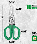 Front view of Heavy Duty Tin Snips With Forged Blade And Compound Action For Superior Metal Cutting, 10 Inch Metal Shears